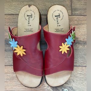 NWT Think! Red Leather Slip on Sandal with Flower Details